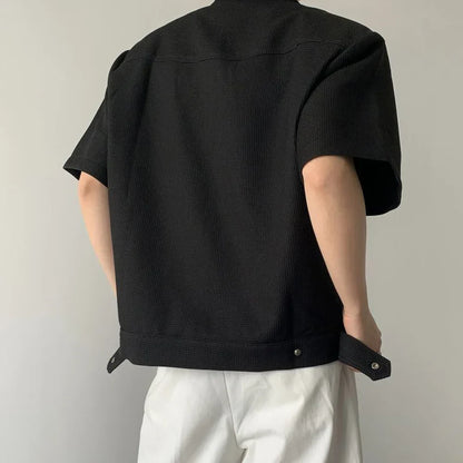 saferido Korean Fashion Male Zipper Shirts Summer Trendy Casual Short Sleeved Tops New Male Solid Cardigan Stand Collar Functional Shirt