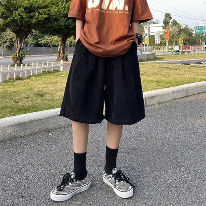 saferido Brown Corduroy Shorts Oversized Baggy Five Point Trousers Summer Korean Fashion Wide Leg Pants Ins Hip Hop Bottoms Men and Women
