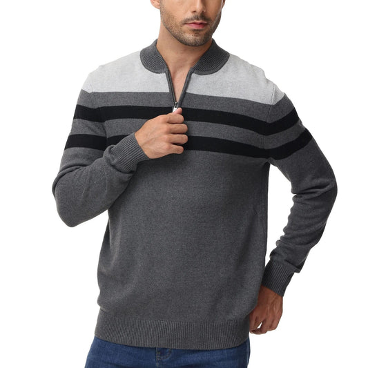 Men's Casual Patchwork Pullover Unisex Sweater Winter Fashion Sweaters 1/4 Zip Up Sweater Striped Cotton Warm Sweatershirt
