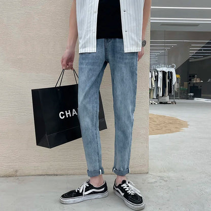 saferido Simple Blue Washed Jeans Men's Casual All-match Fashion Slim Pencil Pants Wear-resistant Spring Summer Stretch Denim Pants Thin