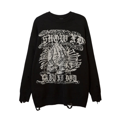 Harajuku Printed Knitwears Women Streetwear Hip Hop Destroyed Hole Ripped Pullovers Jumper Oversized Men
