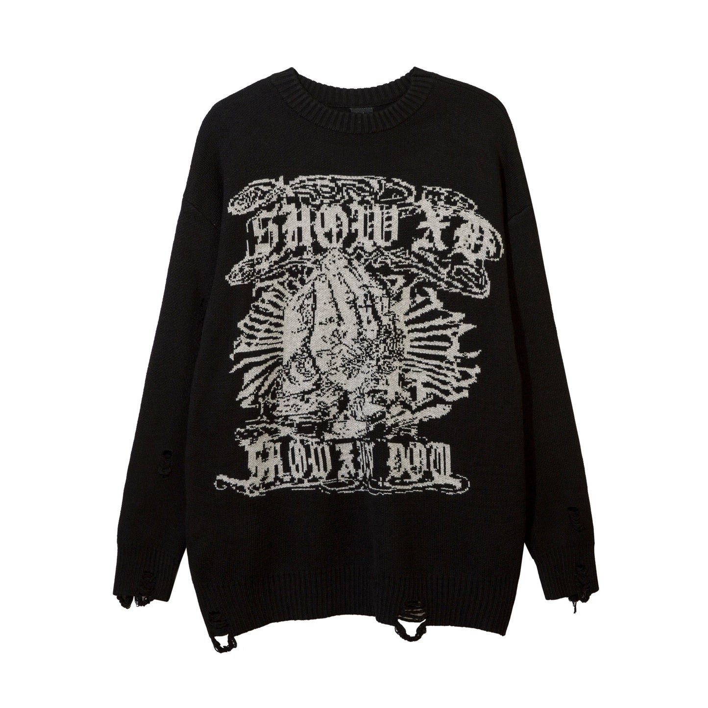 Harajuku Printed Knitwears Women Streetwear Hip Hop Destroyed Hole Ripped Pullovers Jumper Oversized Men