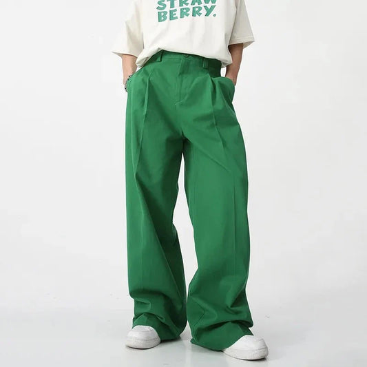 Spring Summer New Korean Men's Casual Pants Trendy Solid Color Loose Straight Wide Leg Trousers Pocket