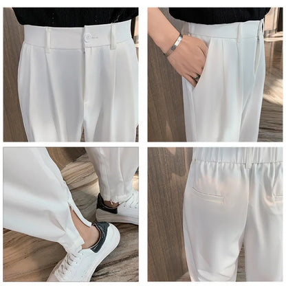 New Fashion Spring Summer Pants Men Tapered Bottom Slit Trousers Korean Style White Khaki Black Elastic Waist Casual Pants Man