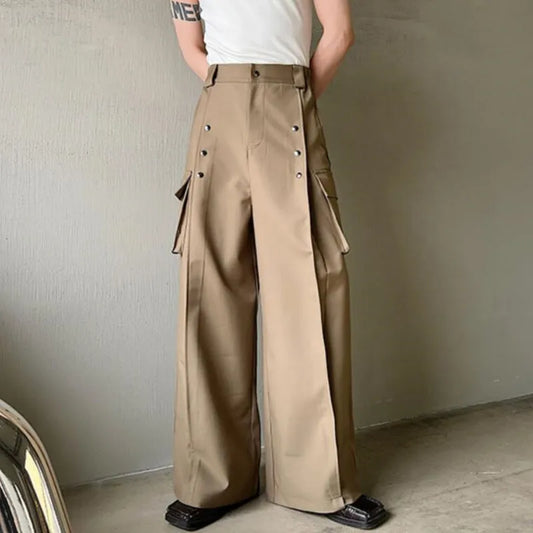 saferido Men's Casual Wide Leg Trousers Korean Style New High Waist Metal Piece Pocket Decoration Fashionable Pants Plus Size S-XL