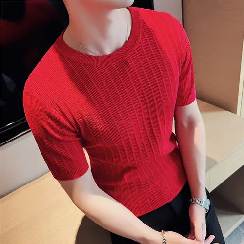 Brand Clothing Men's Summer Leisure Short Sleeve T-Shirt/Male Slim Fit O-Neck Stripe Knitted T-Shirt Plus Size S-4XL
