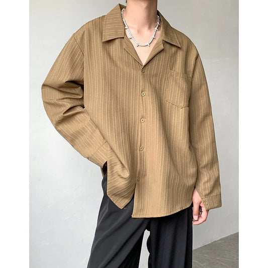 Mature Cuban Collar Stripes Men Dress Shirt Long Sleeve Summer Thin Trendy High-quality Loose Business Casual Inner Shirt