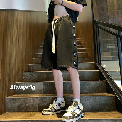 saferido New Mens Fake Zippers Jeans Shorts Korean Fashion Shorts Harajuku High Street Men Clothing Casual Shorts Streetwear Short Pants