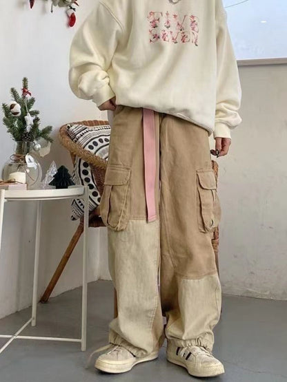 Vinatge Big Pocket Cargo Pants Men Spring Autumn Harajuku Japanese Loose Straight Wide-leg Casual Trousers Tactical Streetwear