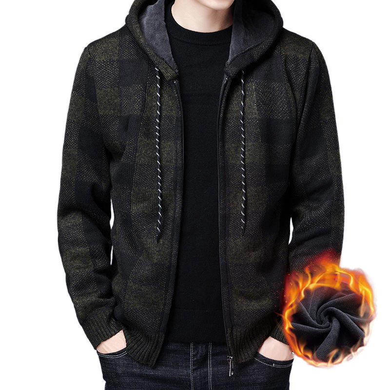Winter New Men's Fleece Thickened Cardigan Knit Sweater / Male Loose Warm Hooded Add Wool Jacket Coat