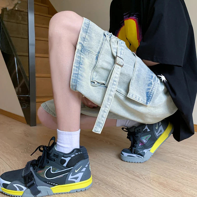 saferido American Retro Tooling Denim Shorts  Summer Fashion Design Big Pocket Splicing Wide-leg Cropped Pants Large Size Shorts 4XL 5XL