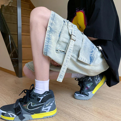 saferido American Retro Tooling Denim Shorts  Summer Fashion Design Big Pocket Splicing Wide-leg Cropped Pants Large Size Shorts 4XL 5XL