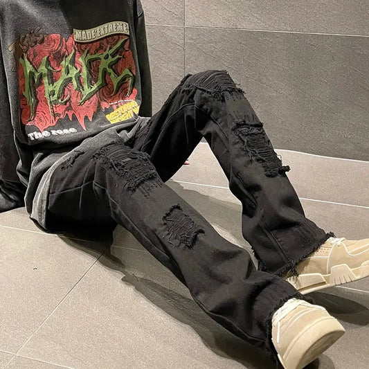 saferido Trousers with Holes Man Cowboy Pants Aesthetic Ripped Men's Jeans Torn Broken Black Straight Trend Loose Cotton Washed Kpop