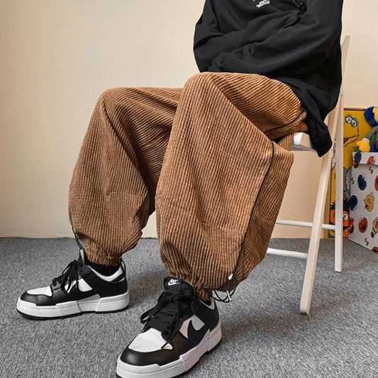 saferido Winter Japanese Retro Wide Leg Pants for Men Corduroy Haren Pants Oversized Casual Jogging Sweatpants Hip-hop Street Male