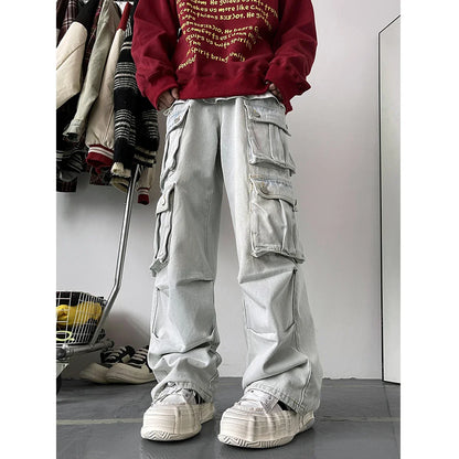 Light Blue Cargo Jeans Men's Patchwork Straight Casual Trousers Men Muti-pockets Hip Hop Streetwear Loose Fashion Pants