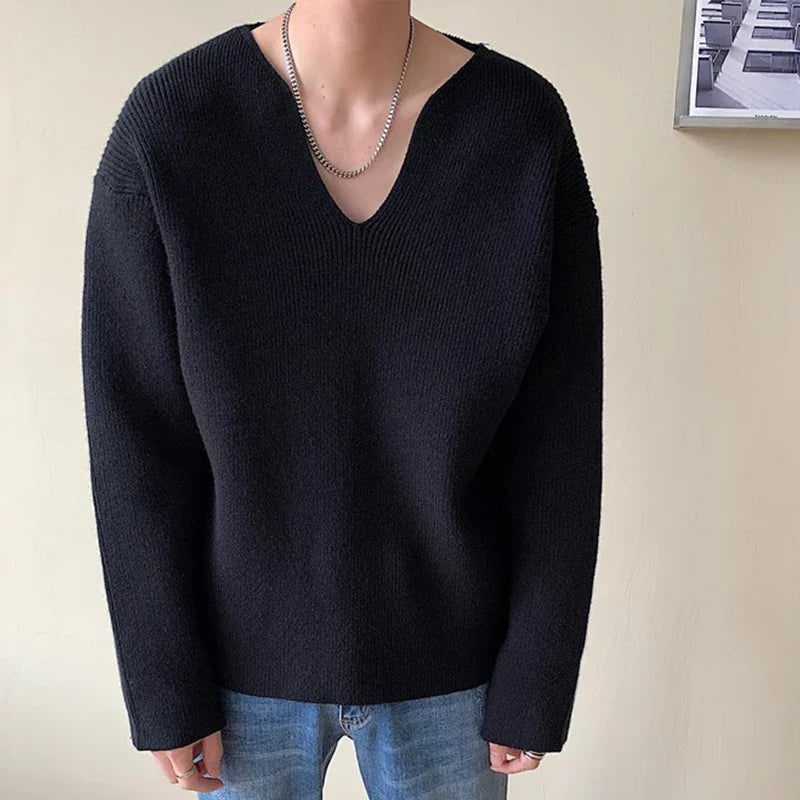 Men's Light Luxury Knitted Pullover Sweater Men Casual V Neck Solid Color Long Sleeve Knitwear Streetwear Korean Autumn Clothing