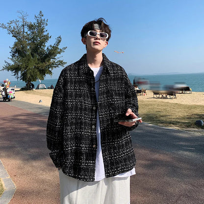 saferido French small fragrance coat men's fashion high sense men's clothing spring and autumn tweed woven thousand bird check shirt men