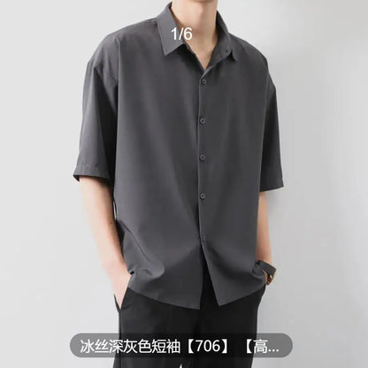 Premium Men Ice Silk Shirt Spring Summer Thin Luxury Loose Korean Business Shirt Solid Trendy Ruffle Draping Shirt Jacket
