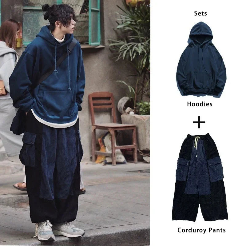 saferido Men's Sets Corduroy Cargo Pants for Men Loose Men's Hoodies Sweatshirt Black Japanese Streetwear Hip Hop Harajuku Autumn