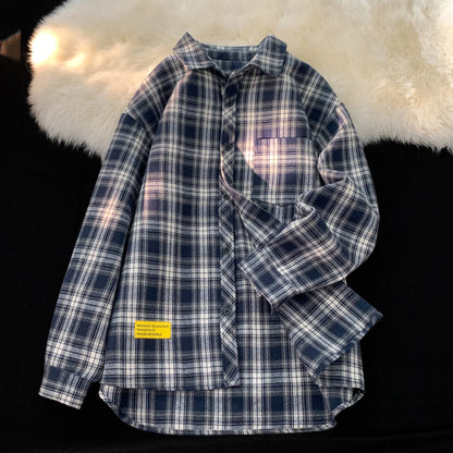 saferido Retro Plaid Long Sleeve Shirt Men Spring Fall Loose Shirt Turn-down Collar Blouse Hip Hop Streetwear Male Shirts