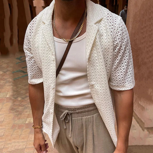 saferido Spring Summer Fashion Hollow Out Knit Shirts Men Solid Color Short Sleeve Button Lapel Tops For Mens Clothes Leisure Shirt