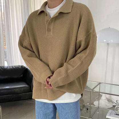 saferido Spring Autumn Fashion Men's Cool Boys Casual Loose Lapel Tess Knitted Pullover Polot Hoodie Sweater Soft Buckle Warm