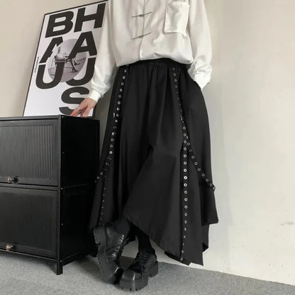 saferido Mens Gothic Rope Belt Decorated Irregular Skirt Pants Genderless Fashion Japanese Style Niche Dark Samurai Pants Hakama Unisex