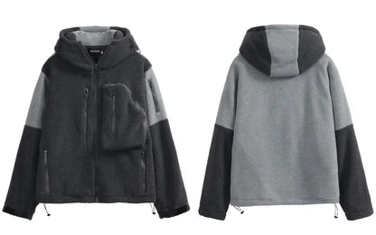 Hip Hop Fleece Fluffy Hooded Jacket Streetwear Harajuku Fuzzy Plush Patchwork Zipper Thick Warm Coats Fashion Loose Jacket