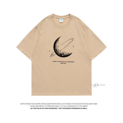 HybSkr Simple Stroke Moon Graphic Men Tshirt Oversize Letter Print Short Sleeve T-shirt Cotton Male Streetwear Unisex Basic Tops