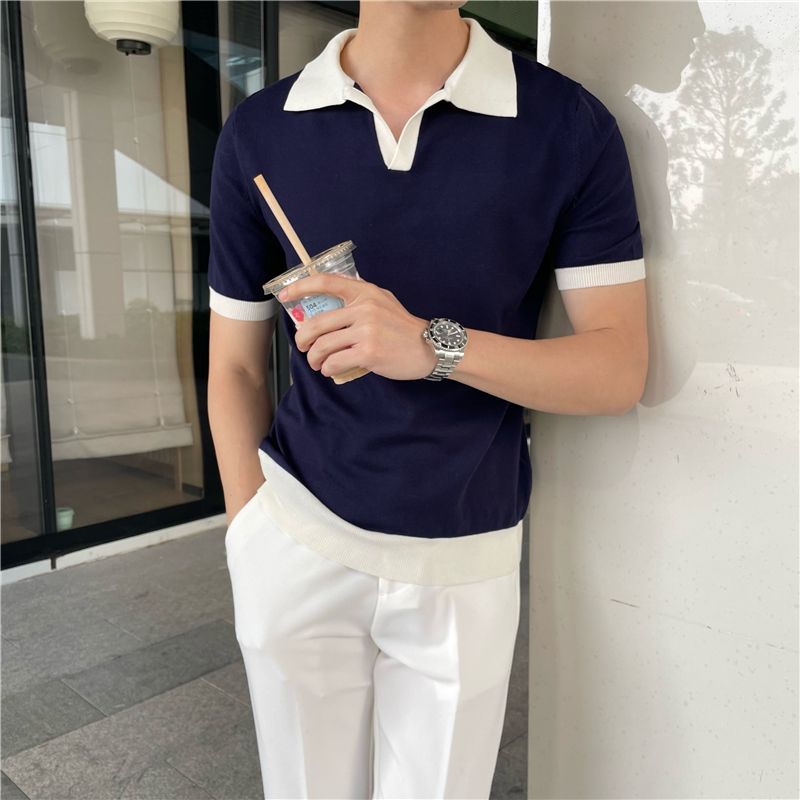 Summer Lapel Breathable Short Sleeve Temperament Men's Clothing Slim Korean Version Solid Color Trend Knitted POLO Shirt