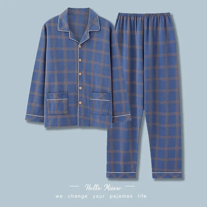 Men Pajamas Set Lounge Sleepwear Plaid Pyjamas Long Sleeve Spring Autumn Loungewear Male Homewear Home Clothes