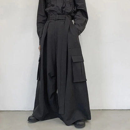 saferido Mens Multi-Pocket Loose Casual Skirts Genderless Japanese Harajuku Street Dark Workwear Style Solid Color Wide Leg Pants Unisex