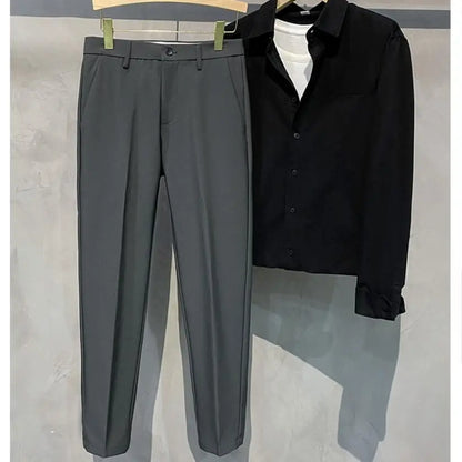 saferido Korean Style Fashion Ankle Length Suit Pants Men High Waist Solid Blue Black Gray Casual Straight Adjustable Waist Trousers