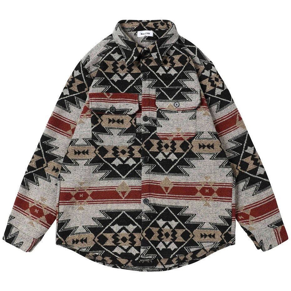 Winter Thicken Button Shirts Geometric Graphic Striped Nation Style Woolen Shirts Men's Autumn Button Up Blouse