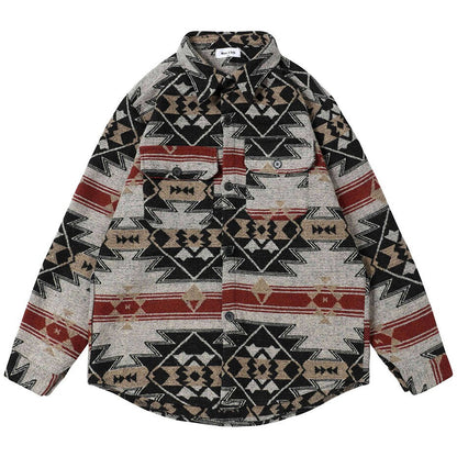Winter Thicken Button Shirts Geometric Graphic Striped Nation Style Woolen Shirts Men's Autumn Button Up Blouse