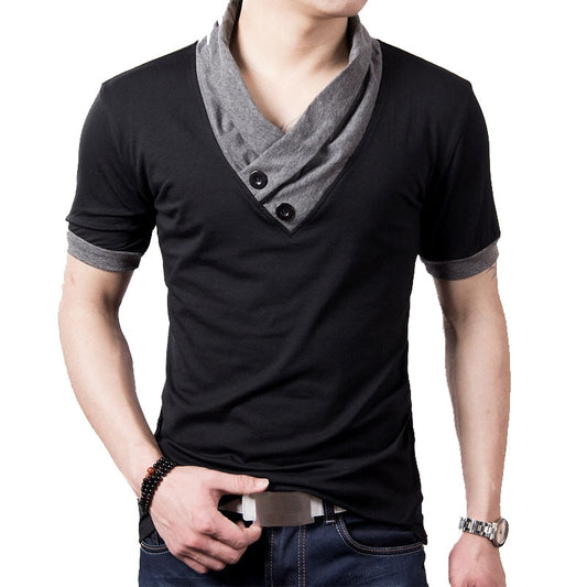 New Plus Size Summer Mens T-Shirts Fashion Slim Short Sleeve Patchwork V Neck Cotton Black T Shirt Men Button Tops & Tees