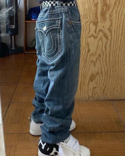 Y2K New Fashion Embroidered Solid Color Jeans Men Street Harajuku Hip Hop Gothic Casual Jeans Couple High Waist Wide Leg Pants