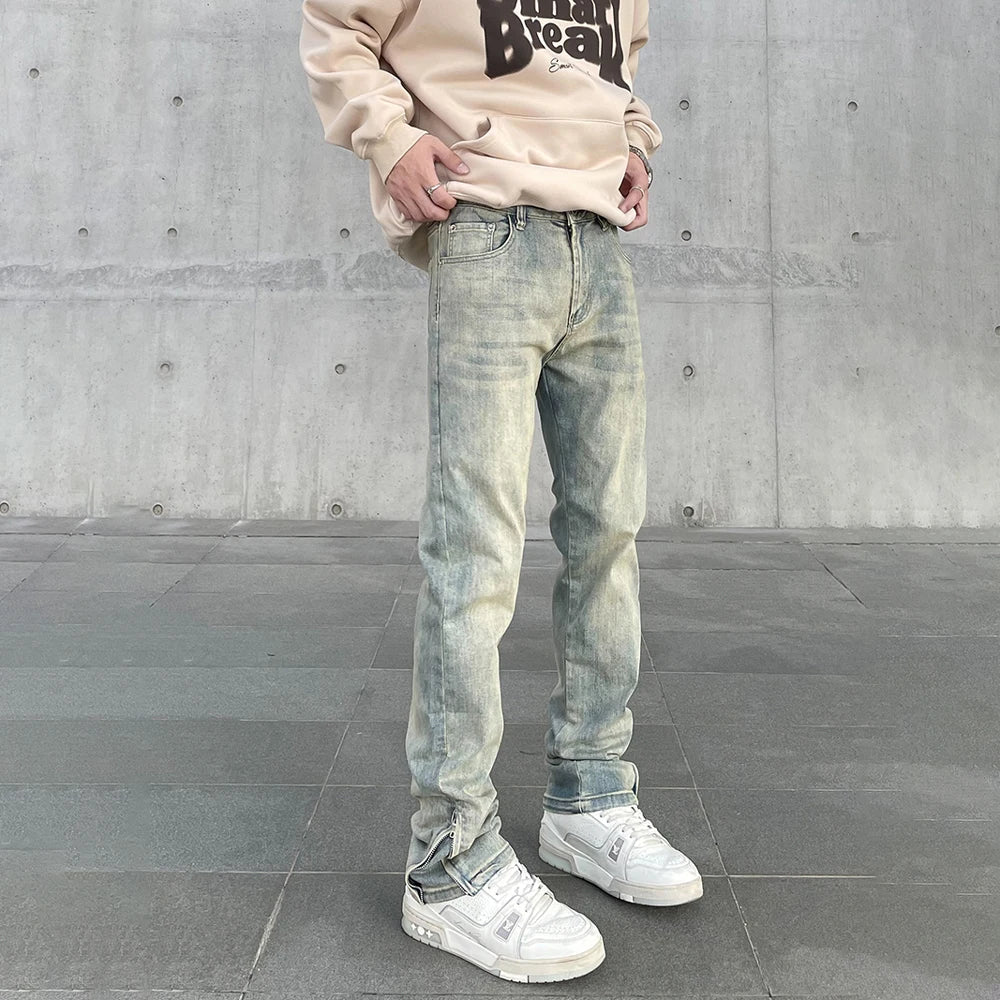 Autumn Skinny Jeans Men Y2k Vintage Street Casual Fashion Trousers Slim Streetwear Distressed Zip Stretch Denim Pants New Winter