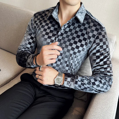 saferido Men Clothing Spring High Quality Canary Velvet Long Sleeve Shirts/Male Slim Fit Plaid Luxury Office Dress Shirts Plus Size 4XL-M