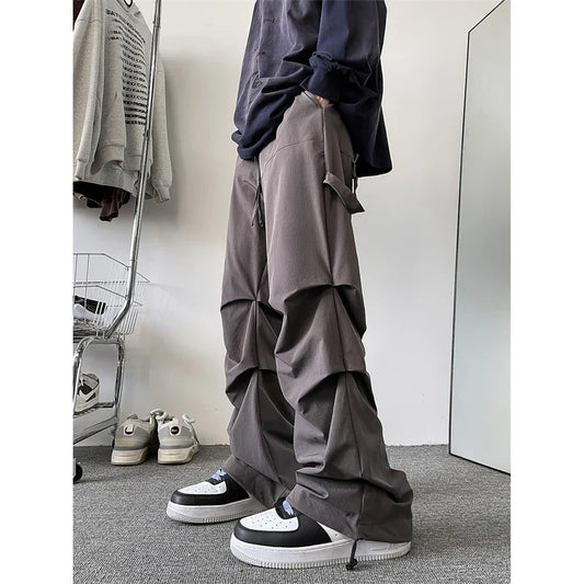 saferido Plus Size 5XL-M High Street Pleated Overalls Men's Fashion Loose Straight Casual Pants Male Solid Color Trousers Spring New