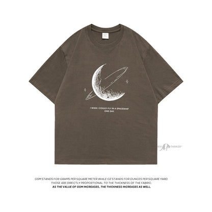 HybSkr Simple Stroke Moon Graphic Men Tshirt Oversize Letter Print Short Sleeve T-shirt Cotton Male Streetwear Unisex Basic Tops