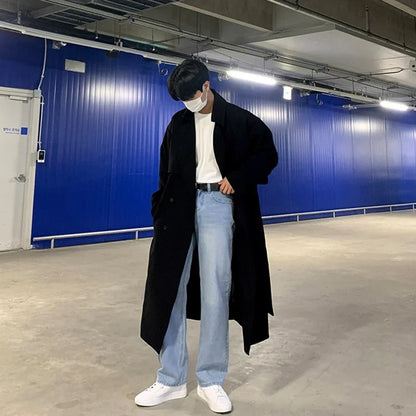 saferido British Style Trench Men Solid Double Breasted Oversize Long Coats Stylish Outwear Hombre Korean Style Streetwear BF Windbreaker