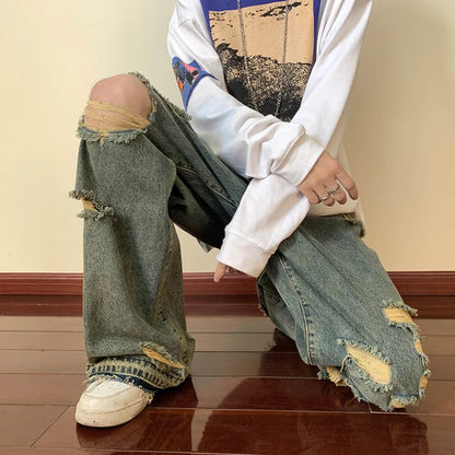 saferido Men's Torn Jeans American Street Hip-hop Baggy Pants Spring and Autumn Thin Women's Hip-hop Baggy Pants Y2k Hombre
