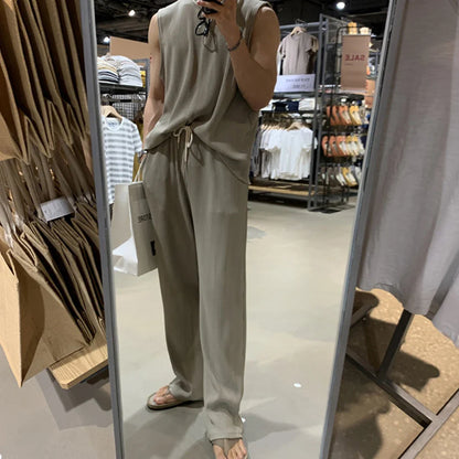 Summer Clothing Men's Casual Tank Tops Set Luxury Korean Streetwear O Neck Solid Drape Vest+Trousers 2 Piece Suit 2024 New