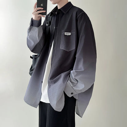 saferido Men's shirt Gradient Plicated Long Sleeve Shirts Loose Korean Shirt Fashion Casual Oversize Shirt Coat High Quality Clothing