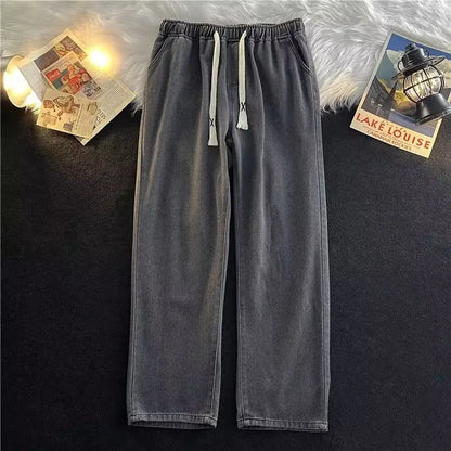 saferido Spring And Autumn Harajuku Hong Kong Style Simple Loose Trend Ins Versatile Casual Drawstring Straight Long Pants Jeans For Men