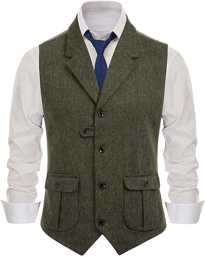 Herringbone Men's Vests Casual Suit Vest Notch Lapel with Two Pockets Herringbone Waistcoat for Wedding Groomsmen  Men Vest