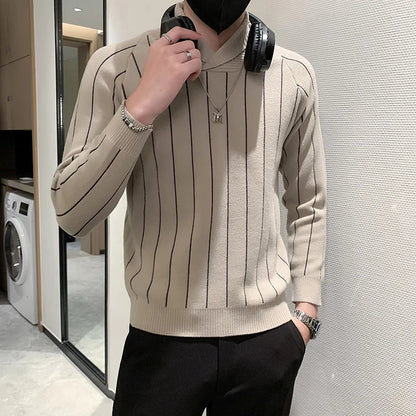 saferido Korean Style Men Winter High Quality Knitted Sweaters/Male Slim Fit Fashion Striped Casual Knit Sweater Men V-neck Pullover 3XL