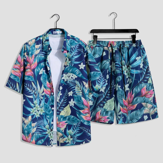 Mens Fashion Print Sets Short Sleeve Shirt+Shorts 2Pcs Suit Loose Summer Casual Beachwear Male Vacation Hawaiian Outfits