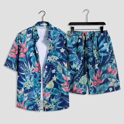 Mens Fashion Print Sets Short Sleeve Shirt+Shorts 2Pcs Suit Loose Summer Casual Beachwear Male Vacation Hawaiian Outfits